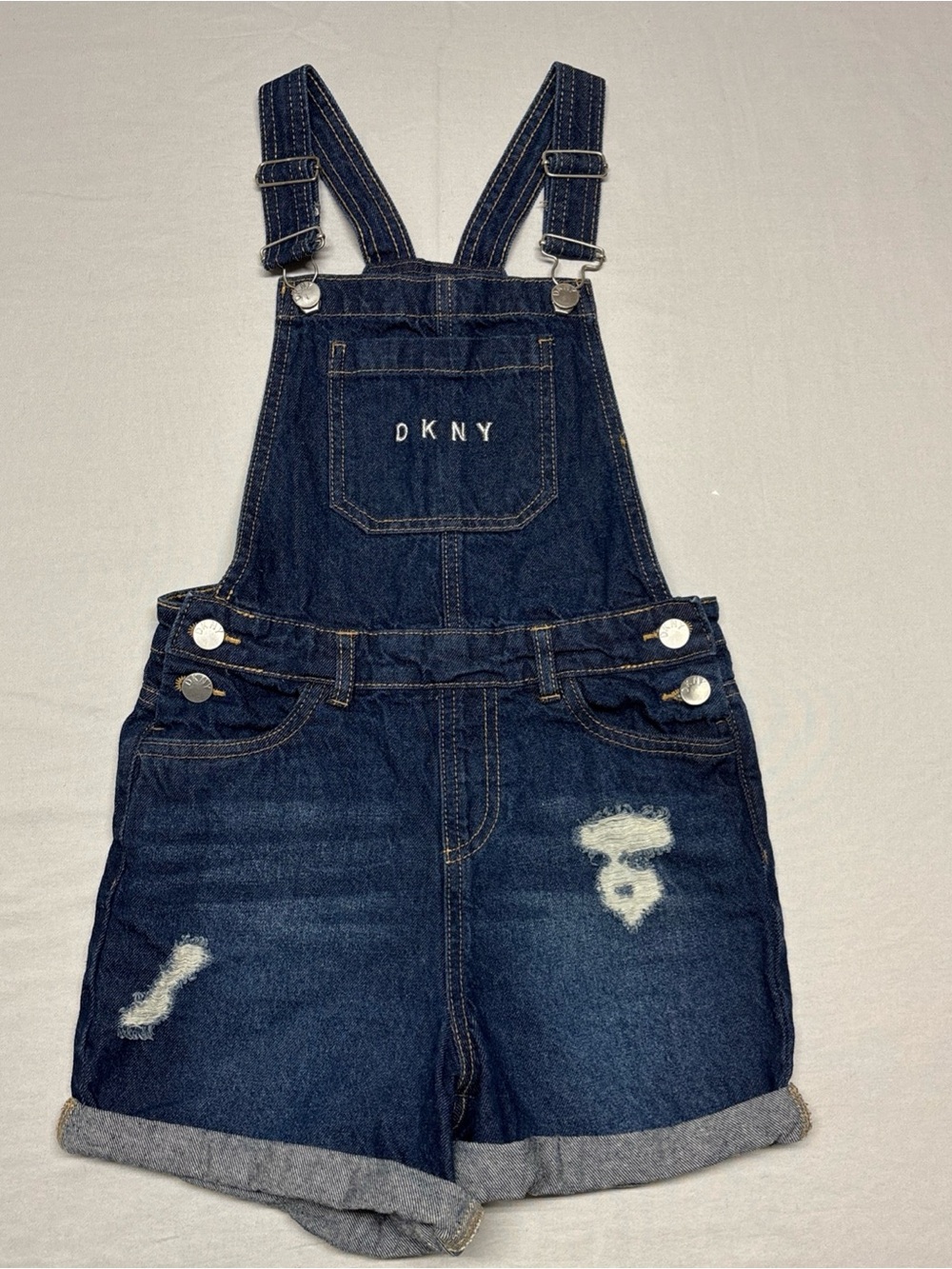 DKNY Dark Blue Distressed Denim Short Overalls camp school comfort everyday